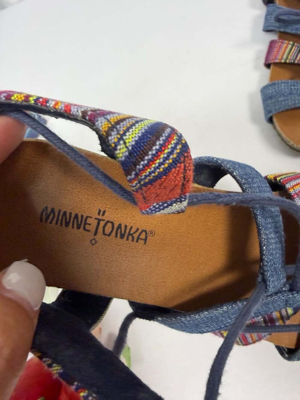 Minnetonka Effie Multi-Colored Striped Denim Lace-Up Gladiator Sandals - Picture 3 of 5